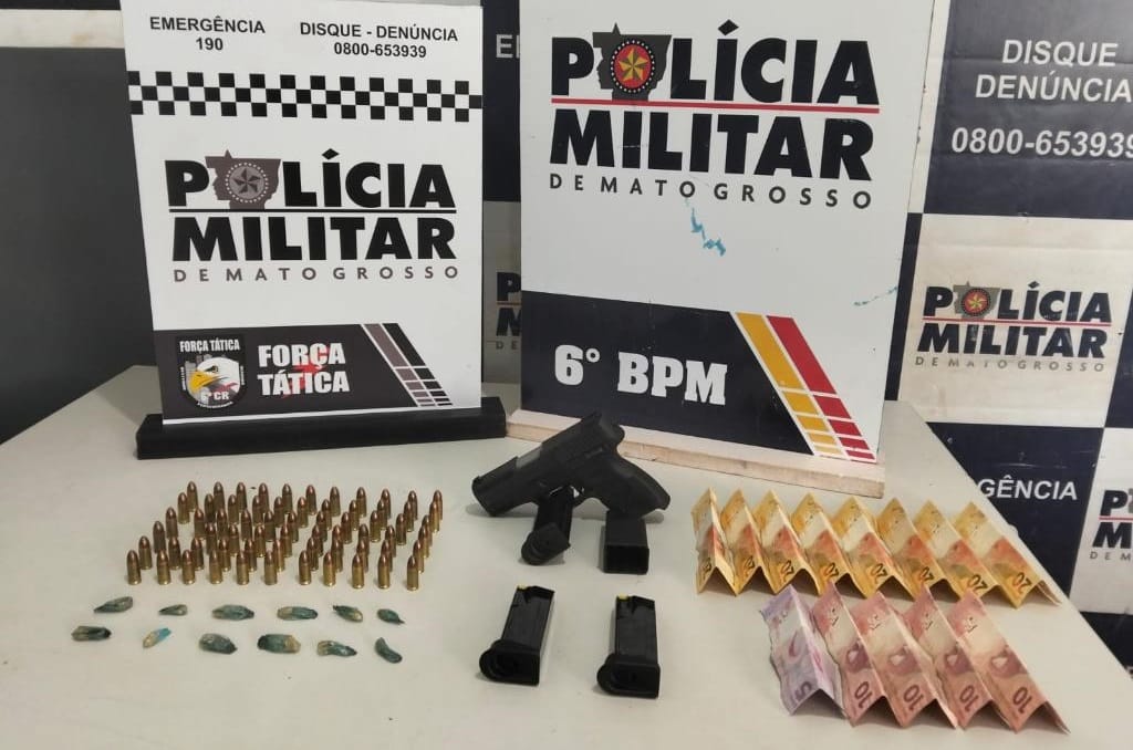 Polícia Militar MT conduz três faccionados e apreende pistola e 65 munições